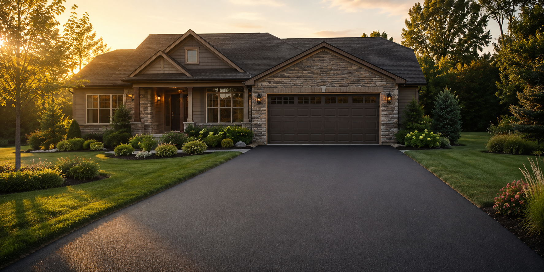 Service illustration of a smooth, unmarked asphalt driveway leading to a home's garage