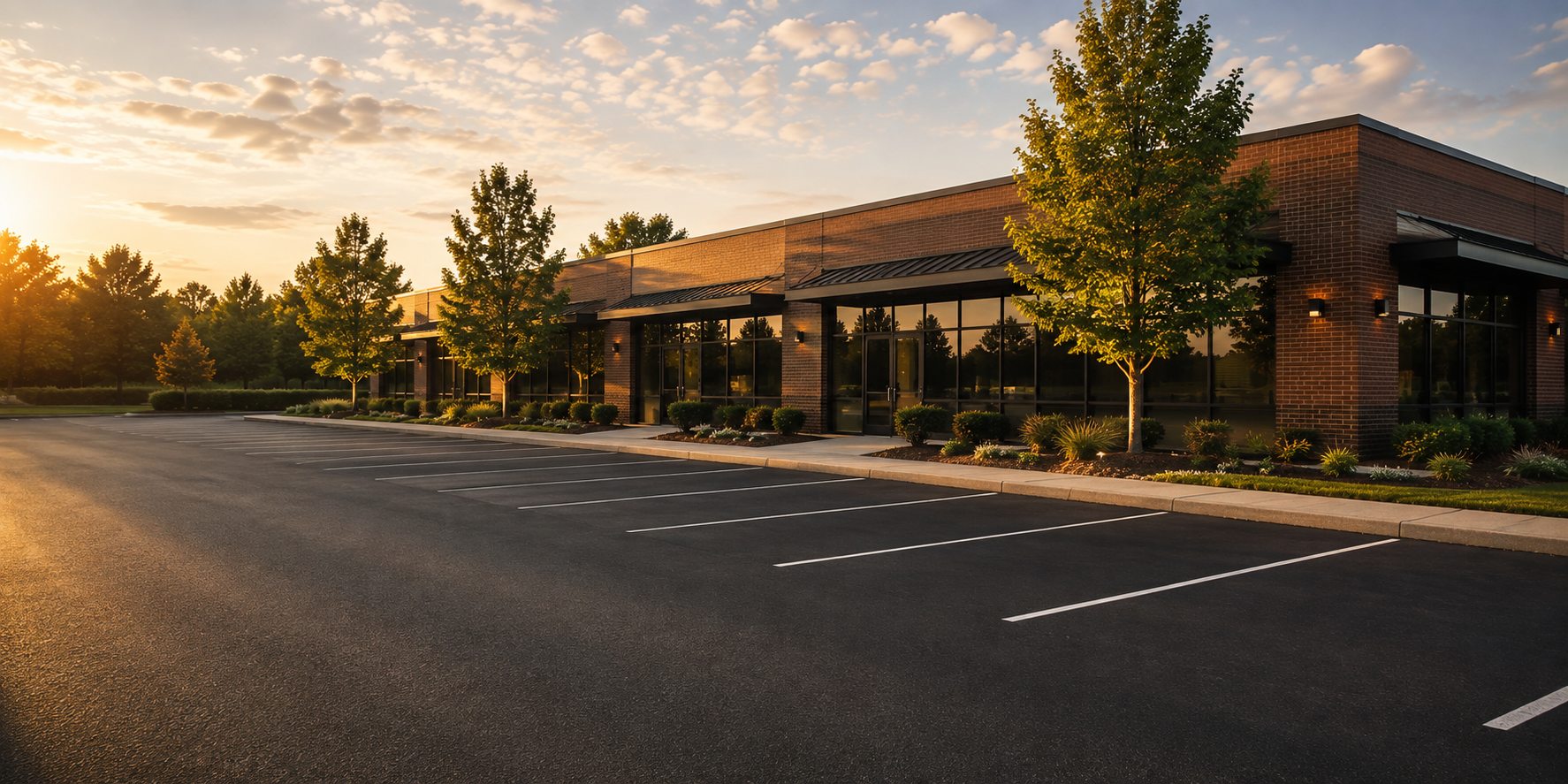 Service illustration of fresh white parking stall lines outside a commercial building
